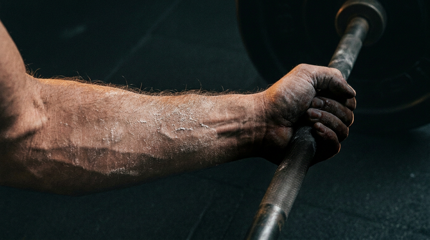 A chalked forearm gripping a knurled barbell, lit from one side, the rest of the frame in shadow