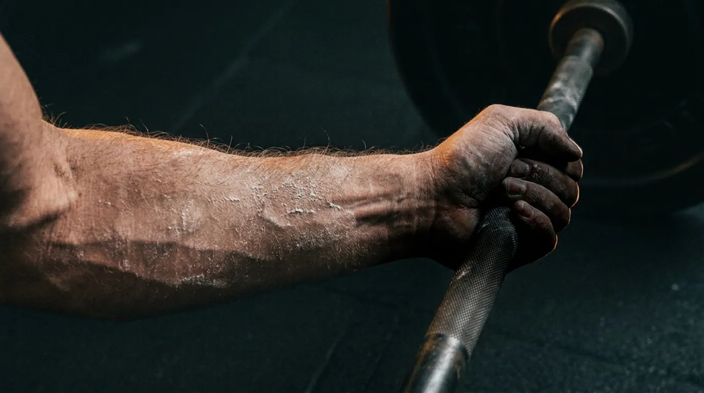 A chalked forearm gripping a knurled barbell, lit from one side, the rest of the frame in shadow